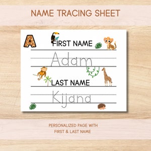 May include: A printable name tracing sheet with a jungle theme. The sheet features a toucan, monkey, giraffe, lion, and hedgehog. The sheet is personalized with the names "Adam" and "Kijana".
