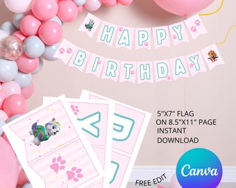 P-Patrol Birthday Banner, Skye Birthday Banner, Paw-ty Patrol Party favor, Paw Happy Birthday Banner, instant download CANVA.