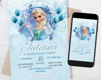 Modèle d'invitation d'anniversaire La Reine des neiges Invitation d'anniversaire d'Elsa imprimable, modèle sur toile éditable en téléchargement immédiat