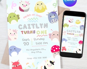 Squishmallows Birthday Invitation, Squishmallows Birthday Party Invitation, Squishy Invitation CANVA template, Customizable Squishmallows