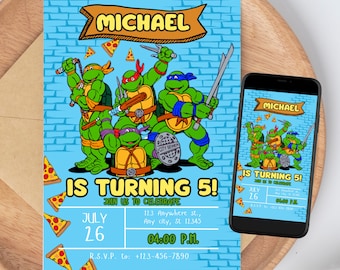 Ninja Turtle uitnodigen, Turtle verjaardagsuitnodiging, Turtle verjaardagsuitnodiging, schildpadden verjaardagsuitnodiging voor feest, Ninja Turtle uitnodiging
