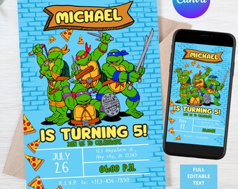 Invitación de tortuga ninja, invitación de cumpleaños de tortuga, invitación de cumpleaños de fiesta de tortugas, invitación de cumpleaños de tortuga ninja, invitación tmnt