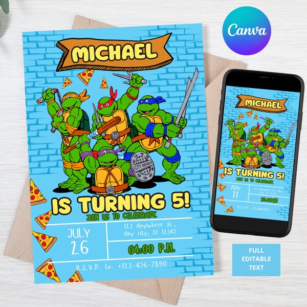 Ninja Turtle Invitation, Turtle Birthday Invitation, turtles party birthday invitation, ninja turtle birthday invitation, tmnt invitation