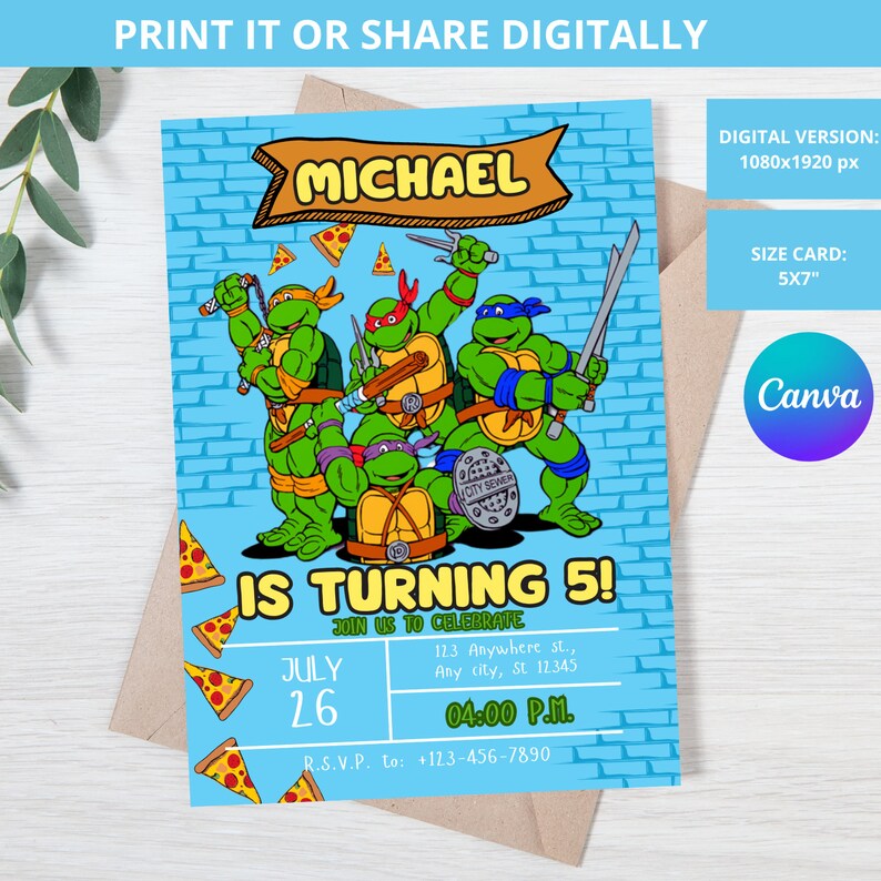 Ninja Turtle Invite, Turtle Birthday Invitation, Turtle Birthday Invitation, turtles party birthday invitation, Ninja Turtle Invitation image 4