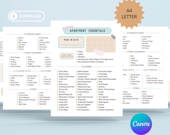 Liste de contrôle pour les indispensables d'une nouvelle maison, liste de contrôle pour le premier appartement imprimable, téléchargement immédiat au format PDF, modèle CANVA modifiable, indispensables pour un déménagement