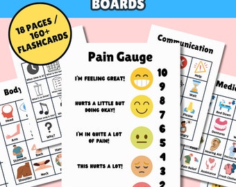 May include: A set of printable communication boards for nonverbal individuals. The boards feature a pain gauge with different facial expressions and a communication board with icons for help, wait, please, angry, food, pain relief, assistance, sick, and more.
