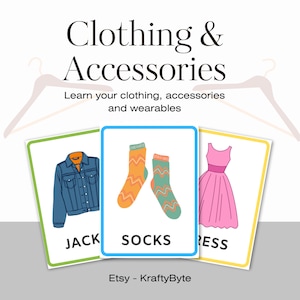 40 Flashcards de roupas e acessórios para crianças, cartões de aprendizagem para impressão, brinquedos educativos, cartões de vocabulário infantil digitais, PDF, PNG, JPG