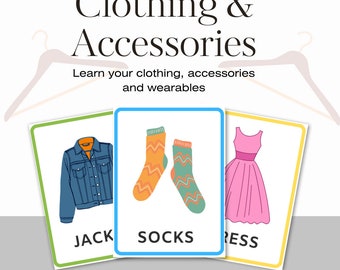 May include: Three flashcards with illustrations of clothing and accessories. The first card is green and shows a blue denim jacket with the word "JACK" below. The second card is blue and shows a pair of orange and green socks with the word "SOCKS" below. The third card is yellow and shows a pink dress with the word "RESS" below.
