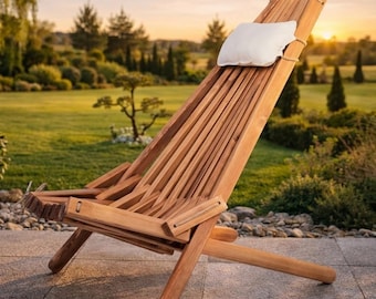 Sdraio da giardino pieghevole in legno, sedia in legno di abete, corda e cuscino in iuta, realizzata a mano in Polonia, sedia a sdraio da giardino, facile da riporre, finitura in legno
