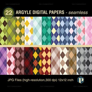 22 Multi-Color Digital Papers, Argyle Seamless Patterns, Geometric Scrapbook Paper, Digital Download Backgrounds