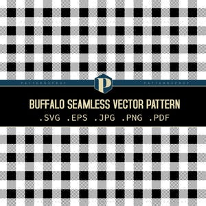 Puede incluir: Patrón vectorial sin costuras de cuadros de búfalo en blanco y negro. La imagen presenta un patrón repetitivo de cuadrados grandes en un diseño clásico de cuadros. Se muestra el texto "BUFFALO SEAMLESS VECTOR PATTERN".