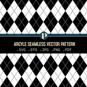 Op de afbeelding: Naadloos argyle vectorpatroon in zwart en wit. Het ontwerp toont een herhalend patroon van zwarte ruiten op een witte achtergrond, met stippellijnen. De tekst "Argyle Seamless Vector Pattern" wordt weergegeven.