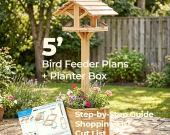 May include: A wooden bird feeder with a peaked roof mounted on a tall post above a square planter box filled with colorful flowers. The text 5' Bird Feeder Plans + Planter Box is displayed alongside a printed instructional guide with diagrams.