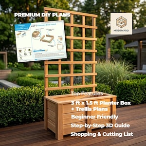 Peut inclure: Une jardinière en bois avec un treillis vertical attaché. L'image comprend un document numérique intitulé PREMIUM DIY PLANS et du texte indiquant 3 ft x 1.5 ft Planter Box + Trellis Plans, Beginner Friendly, Step-by-Step 3D Guide.