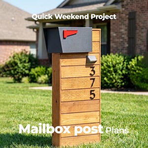 May include: A wooden mailbox post featuring horizontal planks, a dark grey metal mailbox with a red flag, and the black house numbers 375. The text Quick Weekend Project Mailbox post Plans is visible on the image.