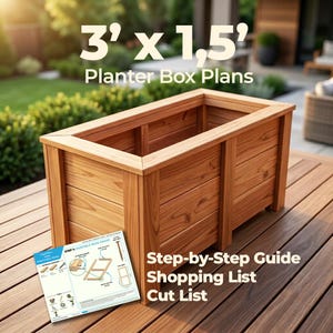 Peut inclure: Une jardinière rectangulaire en bois avec des lattes horizontales et un rebord supérieur plat. Le texte 3' x 1.5' Planter Box Plans est affiché au-dessus, et un guide étape par étape avec liste d'achats et de coupe est au premier plan.