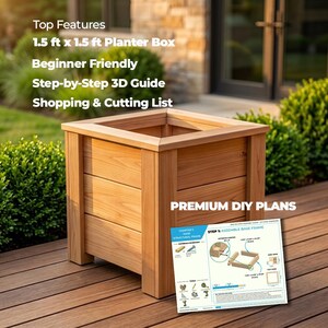 Peut inclure: Un bac à plantes carré en bois avec une finition naturelle, accompagné d'un document imprimé intitulé Premium DIY Plans. Le texte sur l'image indique des caractéristiques dont une taille de 45,7 cm x 45,7 cm, un guide 3D et une liste de courses.