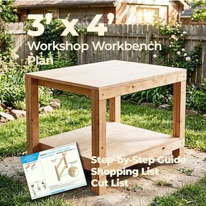 May include: A 3' x 4' workshop workbench plan featuring a light brown wooden workbench with a flat top and a lower shelf. A printed step-by-step guide, shopping list, and cut list document is displayed in the foreground with assembly diagrams.