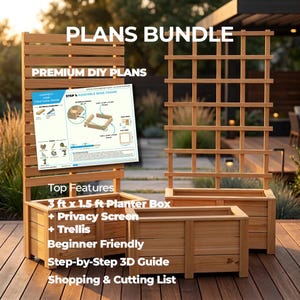 May include: A digital plans bundle for a 3 ft x 1.5 ft wooden planter box with a privacy screen and trellis. The document includes a step-by-step 3D assembly guide, a materials inventory, and a shopping and cutting list for beginner-friendly construction.