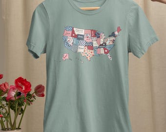 Patchwork USA Map T-Shirt: Vintage American Quilt Style Patriotic Tee