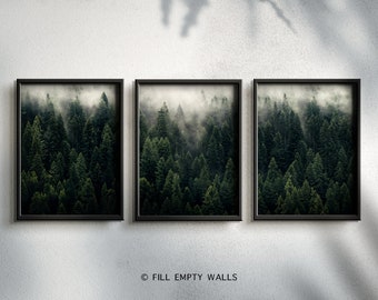 3 Piece Forest Wall Art Print, Set of 3 Green Forest Printable, Forest fog, Abstract Nature Print, Landscape Art, Minimal Decor, Misty,Decor