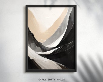 Black Beige Watercolor Mountain Print, Abstract Modern Waves, Neutral Gallery Wall, Boho beige print, Digital Wall Art, Brush Stroke Print