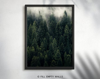 Digitale bos afdrukbare, mistige bomen afdrukbare Wall Art Decor, landschapskunst, bos mist, abstracte natuur print, bos print, groene print
