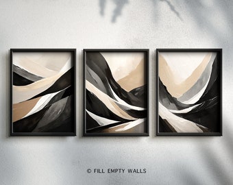 Abstract Mountain printable art prints set of 3, Black Beige Watercolor Mountain Print, Abstract Modern Waves, 3 Piece Wall Art, Minimalist