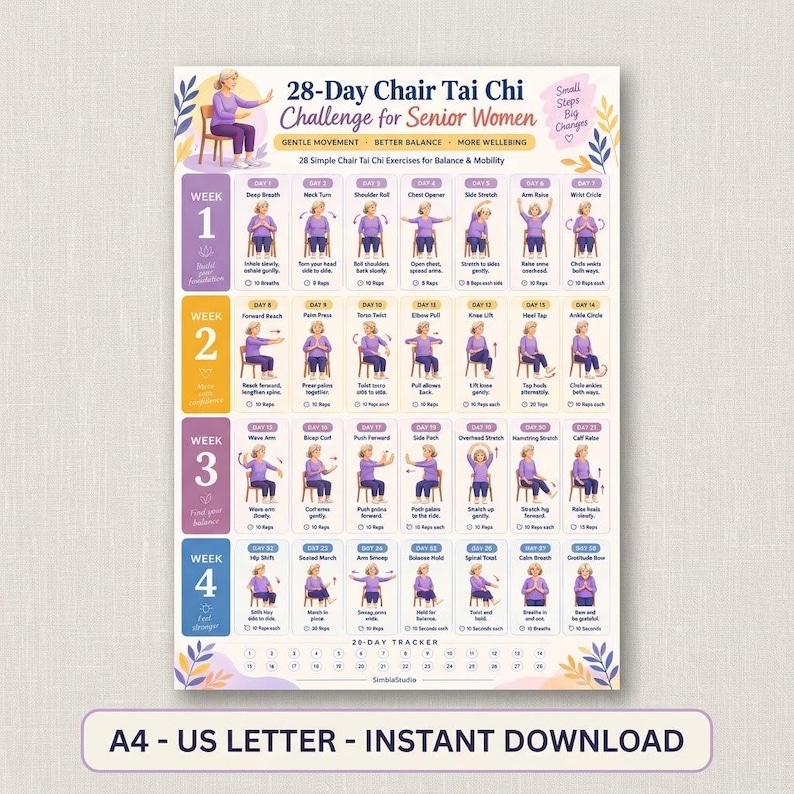 Exercice Lettering Défi de 28 jours de Tai Chi sur chaise pour femmes seniors | Exercices ...