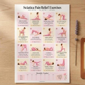 Sciatica Relief Exercises Poster, 16 Stretches, 30-Day Tracker (PDF)