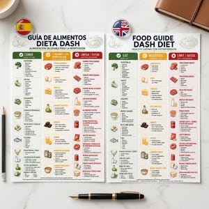 以下が含まれることがあります： Guía de Alimentos Dieta DASHおよびFood Guide DASH Dietと題された2枚の長方形の情報チャート。各チャートには、Eat、Moderate、Limit/Avoidとして分類された3つの色分けされた列があり、食品のリストとアイコンが表示されています。