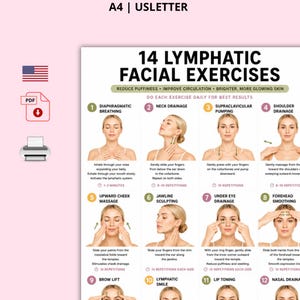 Peut inclure: Un tableau d'instructions numérique intitulé 14 Lymphatic Facial Exercises, présentant des étapes numérotées avec des illustrations d'une personne effectuant des techniques de massage. Le texte inclut des instructions pour la respiration diaphragmatique.