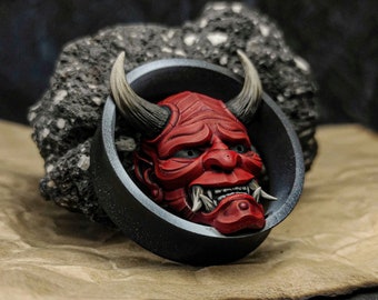 Hannya Mask - Ear Tunnels | Double Flared Handcrafted  Ear Plugs | Witchy Lightweight Hand-Painted | Ear Jewelry Halloween Spooky Season