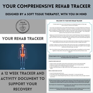 Può includere: Un tracker di riabilitazione completo progettato da un terapista dei tessuti molli. Il documento include un tracker di 12 settimane e una guida alle attività per supportare il recupero. Il testo include informazioni su come iniziare una nuova routine di riabilitazione.