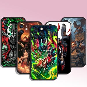 May include: Five black phone cases with comic book illustrations. The designs showcase a skull, a figure in a red cape, and other characters in vivid colours. The cases have a glossy finish.