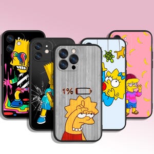 May include: Four different phone cases featuring cartoon characters from The Simpsons. The cases are black with a variety of designs, including Bart Simpson, Lisa Simpson, and Maggie Simpson. The cases are all for iPhone 13 Pro.