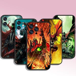 May include: Five black phone cases with comic book illustrations. The designs depict a character in dynamic poses, using red, black, green, and yellow. The cases have a glossy finish, and are suitable for a mobile phone.