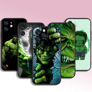 May include: Four different phone cases featuring the Hulk. The cases are black with green and white images of the Hulk. One case features a cartoon image of the Hulk, another features a close-up of the Hulk's face, and the other two feature the Hulk's body.