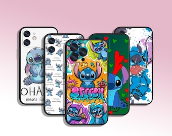 May include: Four different phone cases featuring Stitch from Lilo & Stitch. The cases are all black with different designs. One case has a white background with a repeating pattern of Stitch. Another case has a colorful background with Stitch and the word "Stitch" written in graffiti style. The third case has a green background with Stitch and the word "Ohana" written in red. The fourth case has a white background with a blue and white splatter paint design and Stitch.