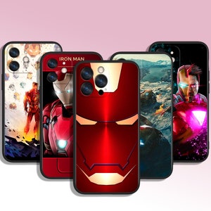 May include: Five different phone cases featuring Iron Man from the Marvel universe. The cases are black with various images of Iron Man in different poses. The cases are all for the same model phone, with a camera cutout in the top left corner.