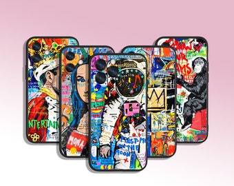 May include: Four colorful phone cases with a variety of abstract designs and text. The designs include a crown, a monkey, a woman's face, and a rocket ship. The text includes "Mona", "First Man on the Moon", "Entertainment", and "Pop Art".
