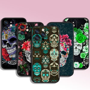 Funda de teléfono con diseño de calavera y flores multicolores para iPhone 8, 11, 12, 13, 14, 15, XS, XR Plus, Pro Max o Samsung Galaxy Note Ultra S24, S23, S10, A14, A13