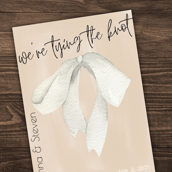 Tying the Knot Save the Date | Invite Bow Gender Neutral Minimalist Wedding Engagement Virtual Digital Download Beige Cream Light Subtle