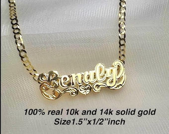 10k or 14k solid gold personalized double HEAVYWEIGHT NAME NECKLACE,handmade heart double name charm only or with 3mm solid chain.