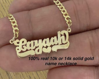10k or 14k solid gold personalized name necklace, handmade heart name charm WITH 2mm Cuban link solid gold chain (HEAVYWEIGHT CHAIN).