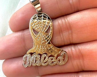 10k or 14k solid gold personalized spiderman name charm, handmade kid superhero&#39;s name charm, custom kids name charm made to order.