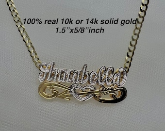 10k or 14k solid gold personalized name necklace, handmade double name charm only or with 3mm Cuban link solid chain (heavyweight necklace).