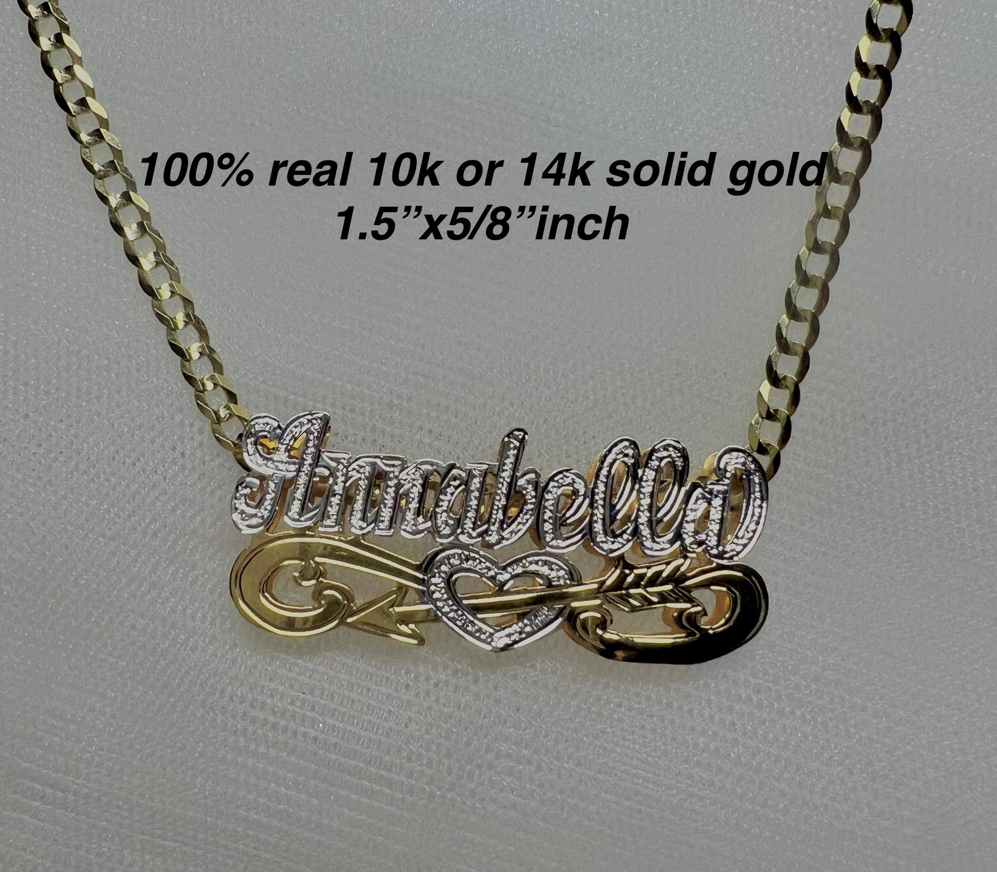 Collier prénom personnalisé en or massif 10 carats ou 14 carats, double breloque fait main uniquement ou avec chaîne solide à maillons cubains de 3 mm (collier lourd).