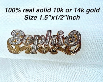 10k or 14k solid gold personalized double name heart necklace, handmade name charm only or WITH 3mm Cuban link solid chain (HEAVYWEIGHT).