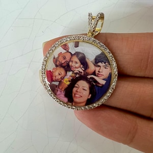 10k/14k Solid Gold Personalized Family Photo Medallion, CZ Charm